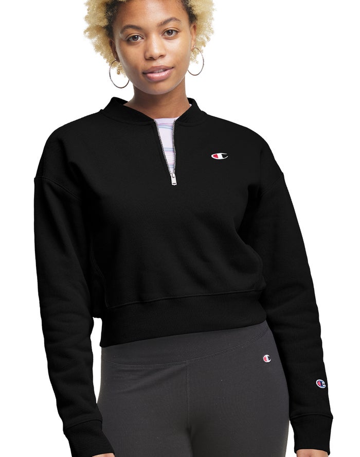 Champion Reverse Weave Cropped 1/4 Zip Kadın Sweatshirt Siyah ( TPVLBG928 )